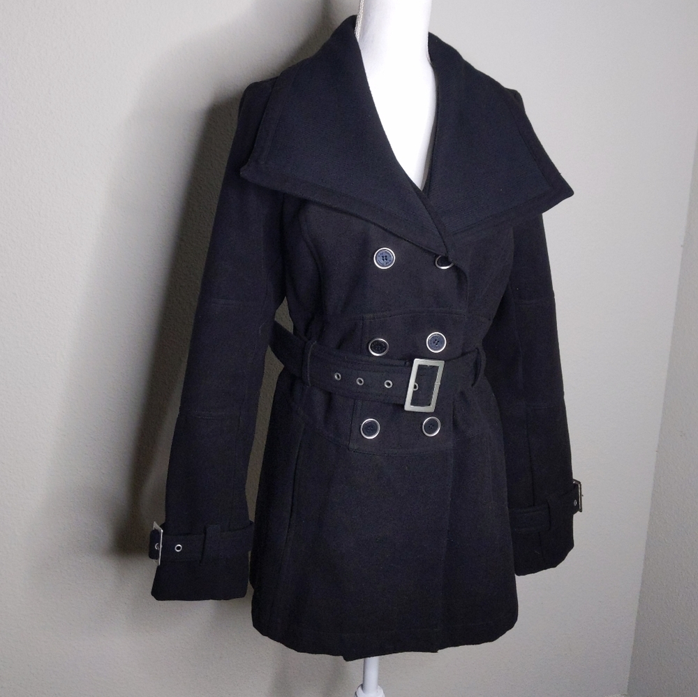 G by Guess Black Peacoat Women’s Large | Oversized Collar Belted Wool Blend Coat - Picture 10 of 10
